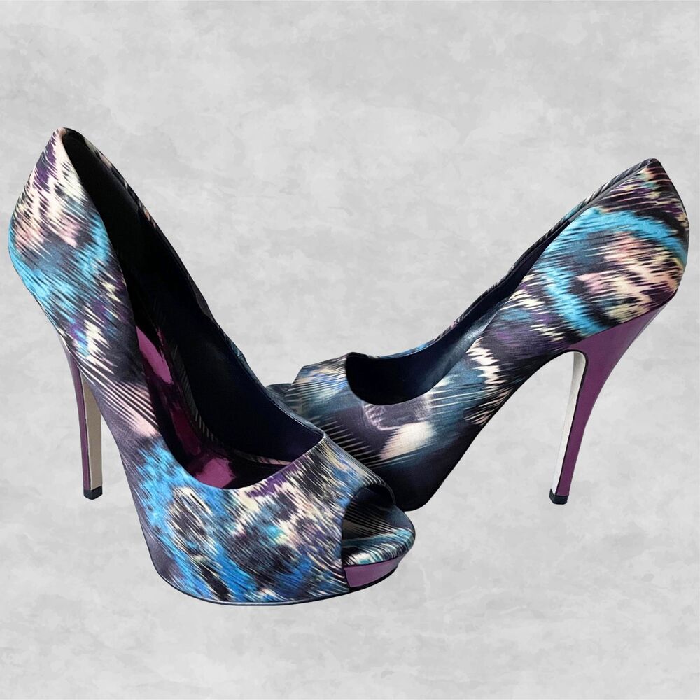 Aldo Peep Toe Platform Pumps Size 8.5/39 Purple/Blue Satin Purple Metallic Heels
